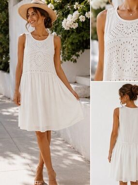 Hinge White Eyelet Sleeveless Dress Size M